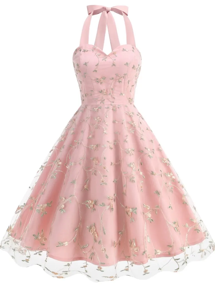 

Floral Printed Embroidery Mesh Midi Dress Summer Fashion Elegant Party Sweetheart Halter Neck Lace-up Birthday Evening Dresses