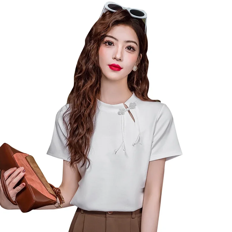 Womens New Chinese Style Short Sleeve T Shirt Mandarin Collar Knot Button Casual White Summer Top