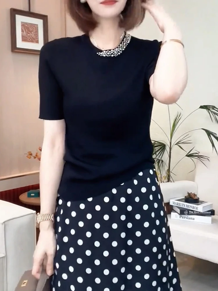 

Элегантный модный трикотажный джемпер больших размеров с круглым вырезом и бриллиантовым декором, приталенный, черный, в корейском стиле, для повседневной носки, облегающий, на все тело