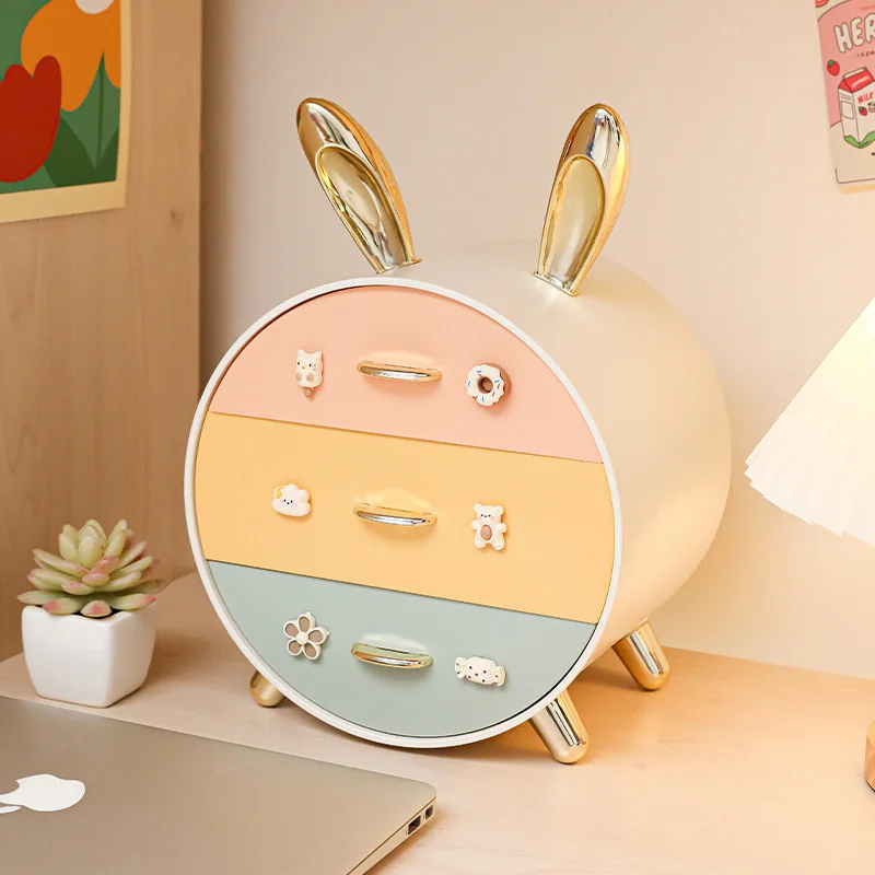 Kawaii Desktop Stationery Storage Box Dormitory Cosmetics Storage Box Multi Layer Boxs with 3D Stickers Cartoon Bunny Design