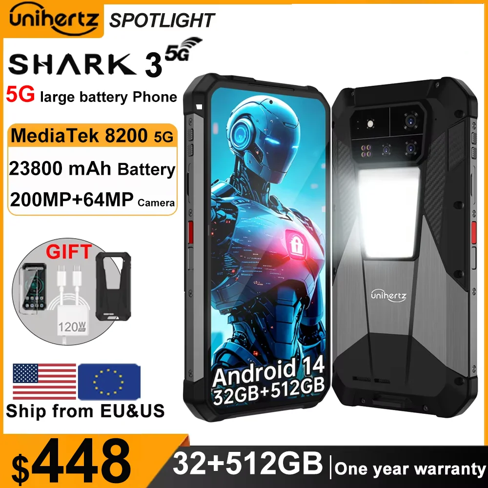

Unihertz Shark 3 by 8849 Rugged Smartphone android 14 3K AMOLED Display 32GB RAM 512GB ROM Dimensity 8300 CPU Mobile Phone