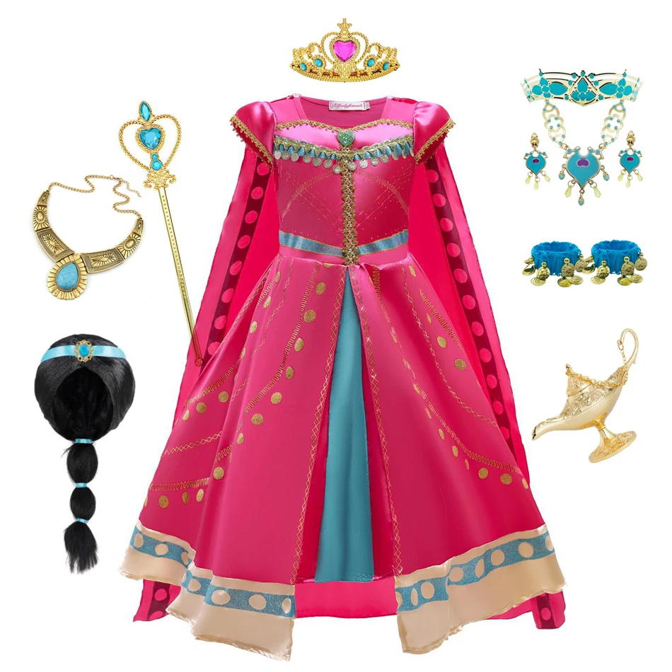 Costume da gelsomino per ragazze Abito arabo per bambini Aladino Cosplay Natale Festa di Halloween con guanti Accessori per bacchette a corona