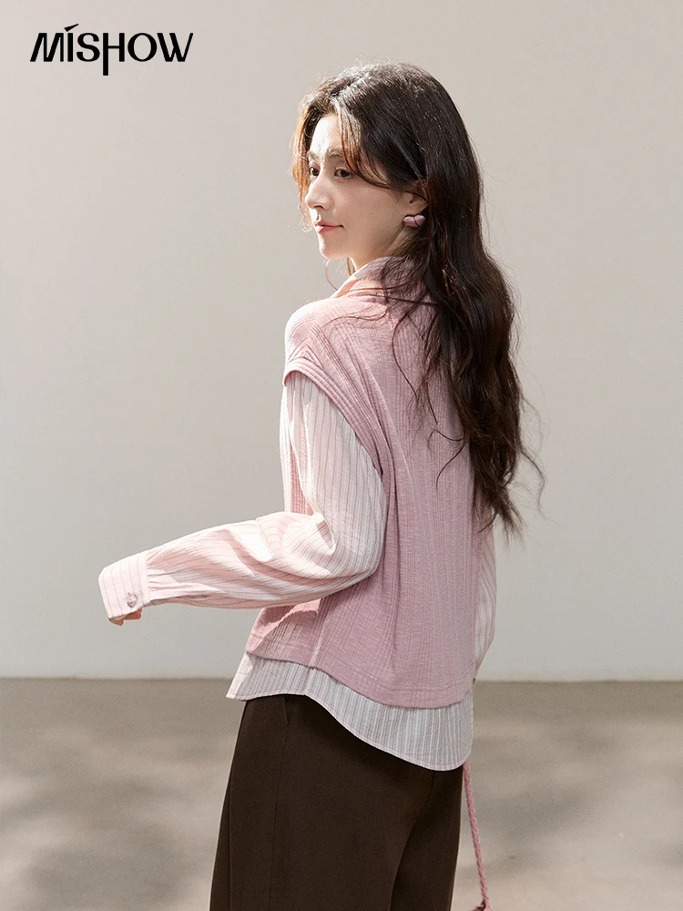 MISHOW Women's Pink Fake Two Piece Striped Blouse Lapel Lantern Sleeve Textured Casual Shirt Spring Autumn Wear MXF14X2543