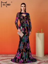 Missord New Floral Round Neck Long Sleeved Sequin Mermaid Evening Gown Wedding Birthday Party  Luxury Formal Occasion Dress