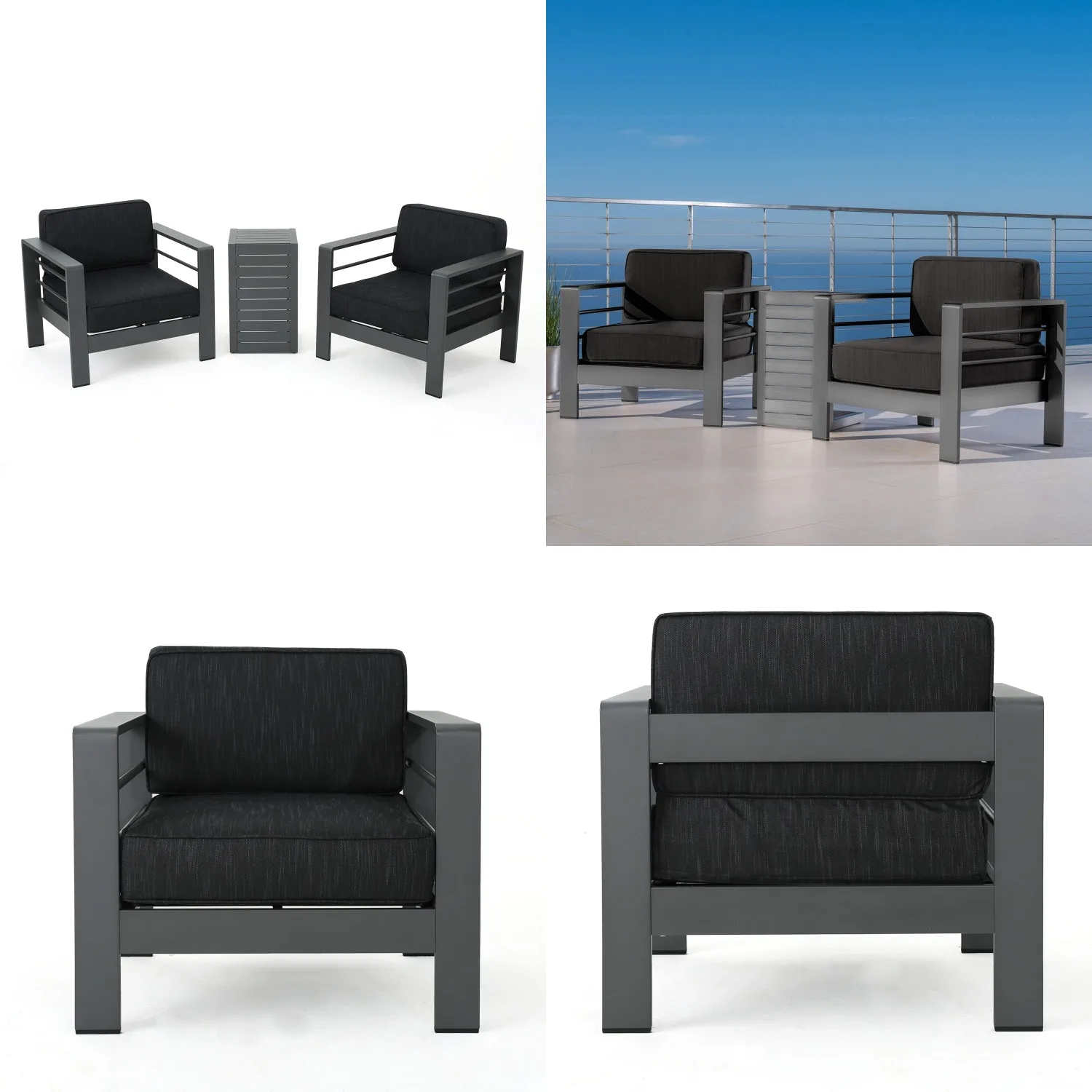 

3-Pcs Aluminum Outdoor Chat Set Water Resistant Cushions Grey, Customized