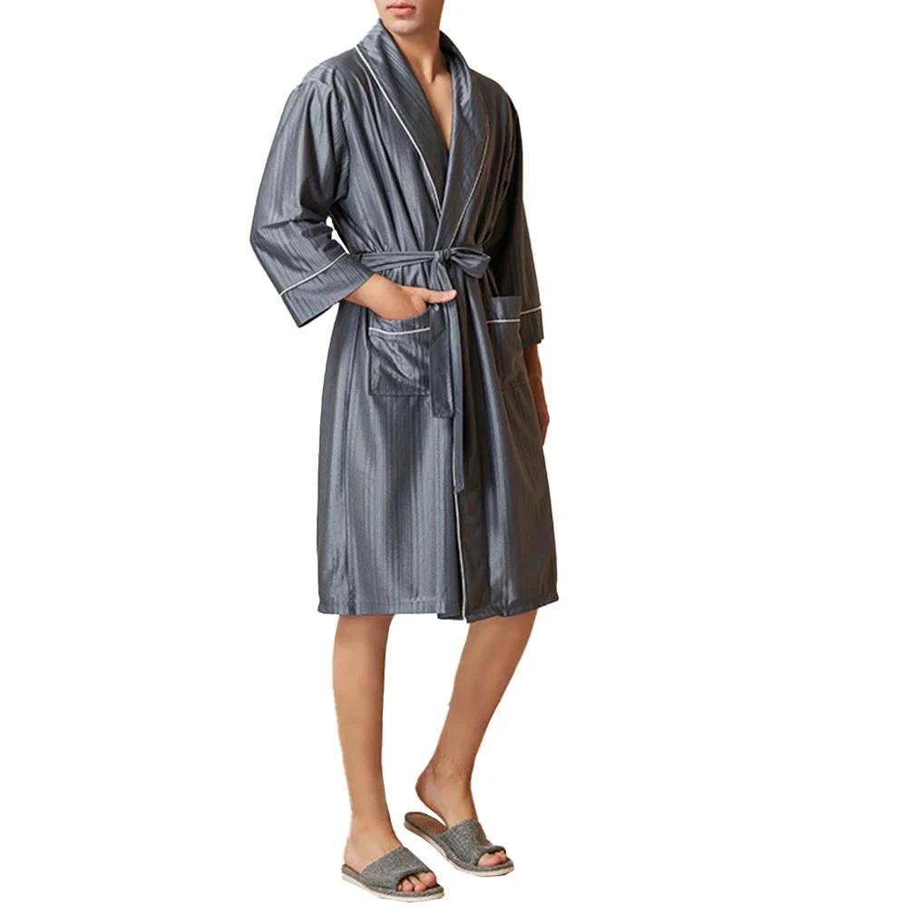 

Men Satin Kimono Robe Stylish Contrast Long Sleeve V-Neck Nightwear With Pockets Luxurious Satin Robe Bathrobe Home Clothes