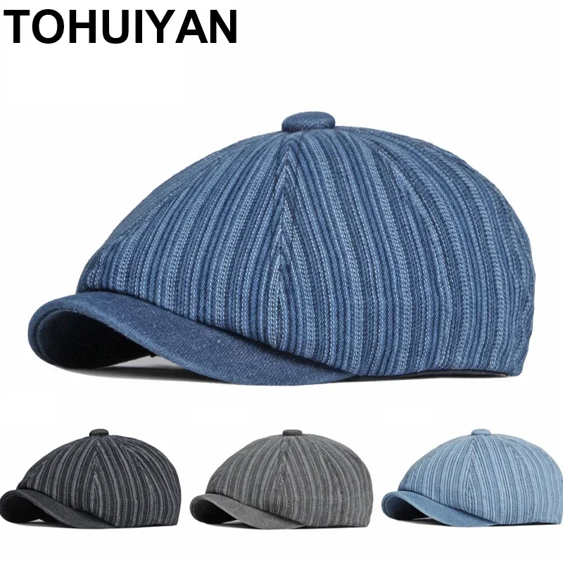 TOHUIYAN Striped Washed Denim Hats For Men Boinas Newsboy Caps Retro Baker Boy Hat Male Casual Gatsby Caps Women Chapeau Berets