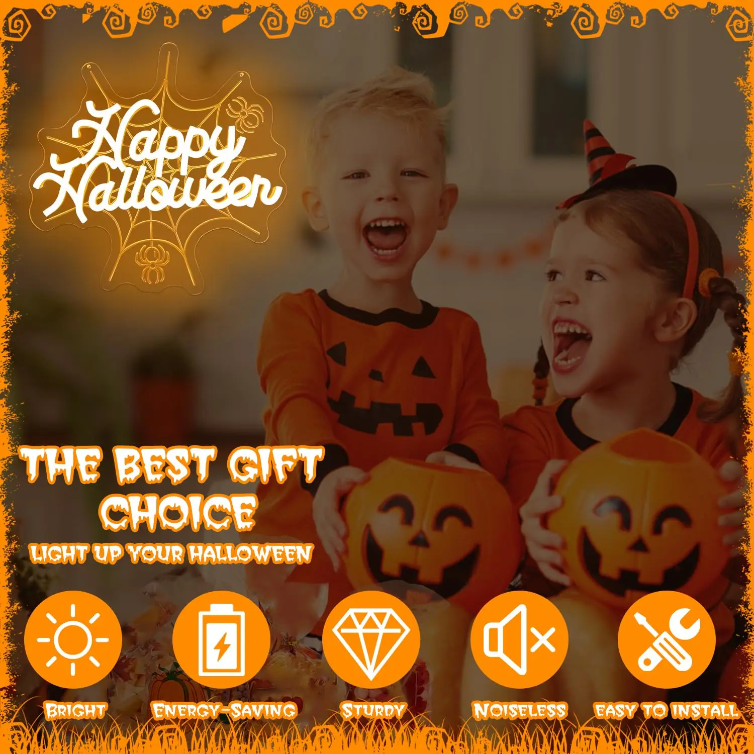 Happy Halloween LED Neon Sign for Wall Decor 3D Spider Web Glowing Gothic Light Up Party 5/12V USB power with Dimmable Switch