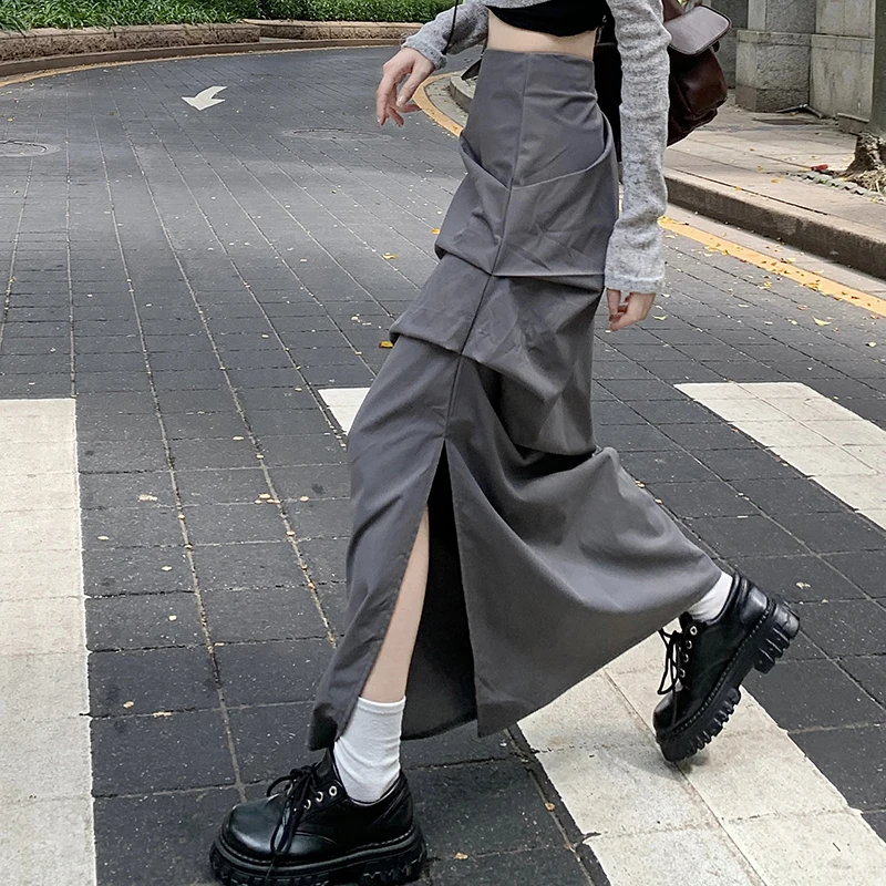 Ruched High Waist Y2K Long Skirt For Women Split Vintage Fairycore Grunge Ankle-Length Cargo Skirts Holiday Maxi Skirt Outfits