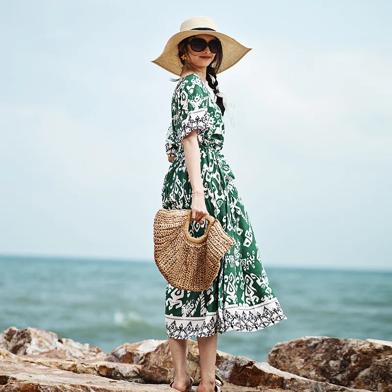 

Seaside vacation cotton and linen loose lazy large size dress cotton silk long dress large size beach dress fashionable simple e