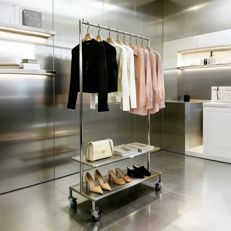 Clothing store display rack Stainless steel mobile floor-to-ceiling clothing hanging rod Silver steel plate with wheels display