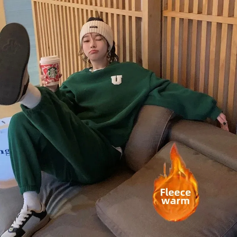 Herbst Winter Neue Lose-Fit Sweatshirt Hosen 2-Teiliges Set Fleece-Gefüttert Verdickt Casual Modische frauen Sport anzug