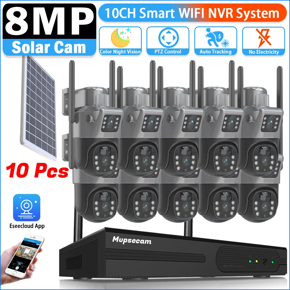 Waterproof 8MP HD Wireless Dual Lens PTZ WIFI Home Security Surveillance Solar Camera System 16CH WiFi NVR Video H.265 CCTV Kit