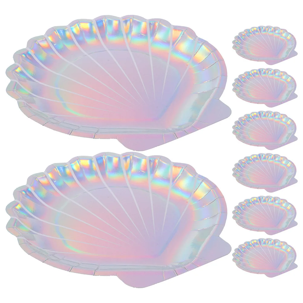 

16Pcs Mermaid Party Paper Plates Holographic Shell Shaped Disposable Dinnerware for Food Serving Birthday Celebration Festive