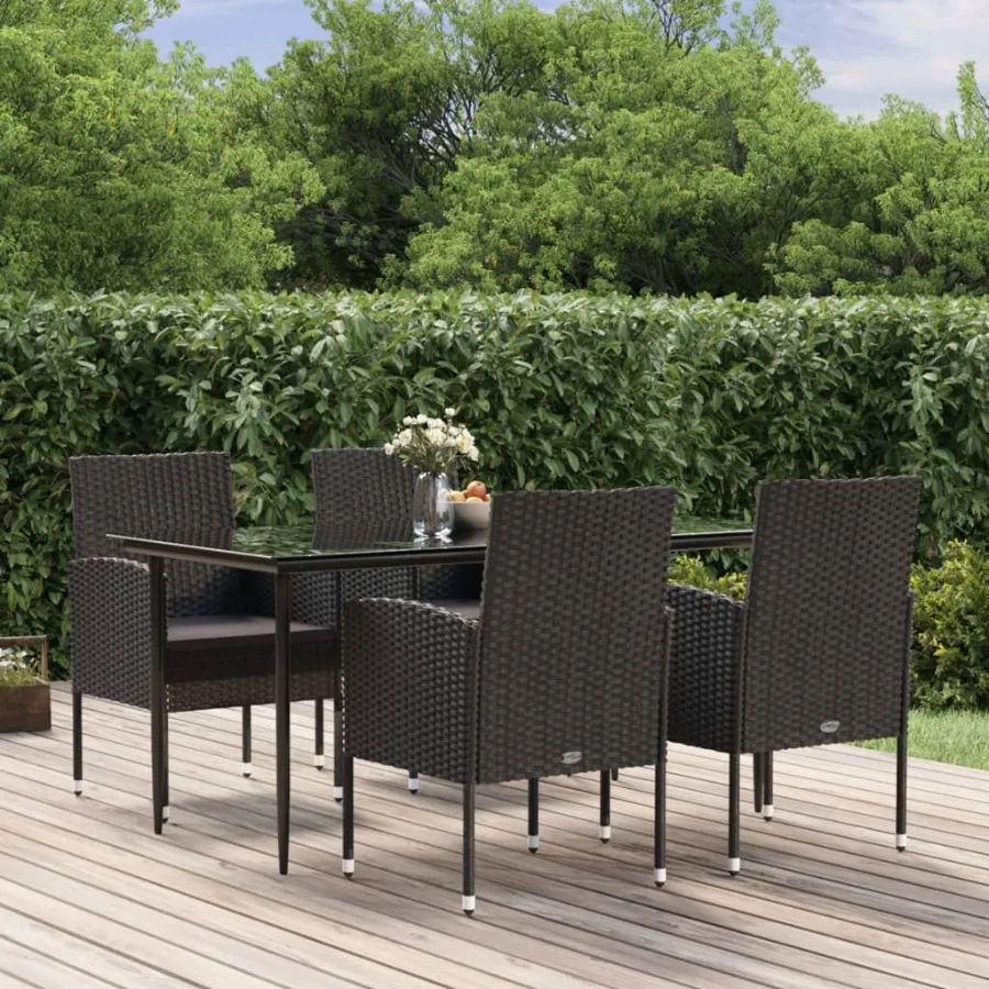 

5 Piece Patio Dining Set with Cushions Black Poly Rattan
