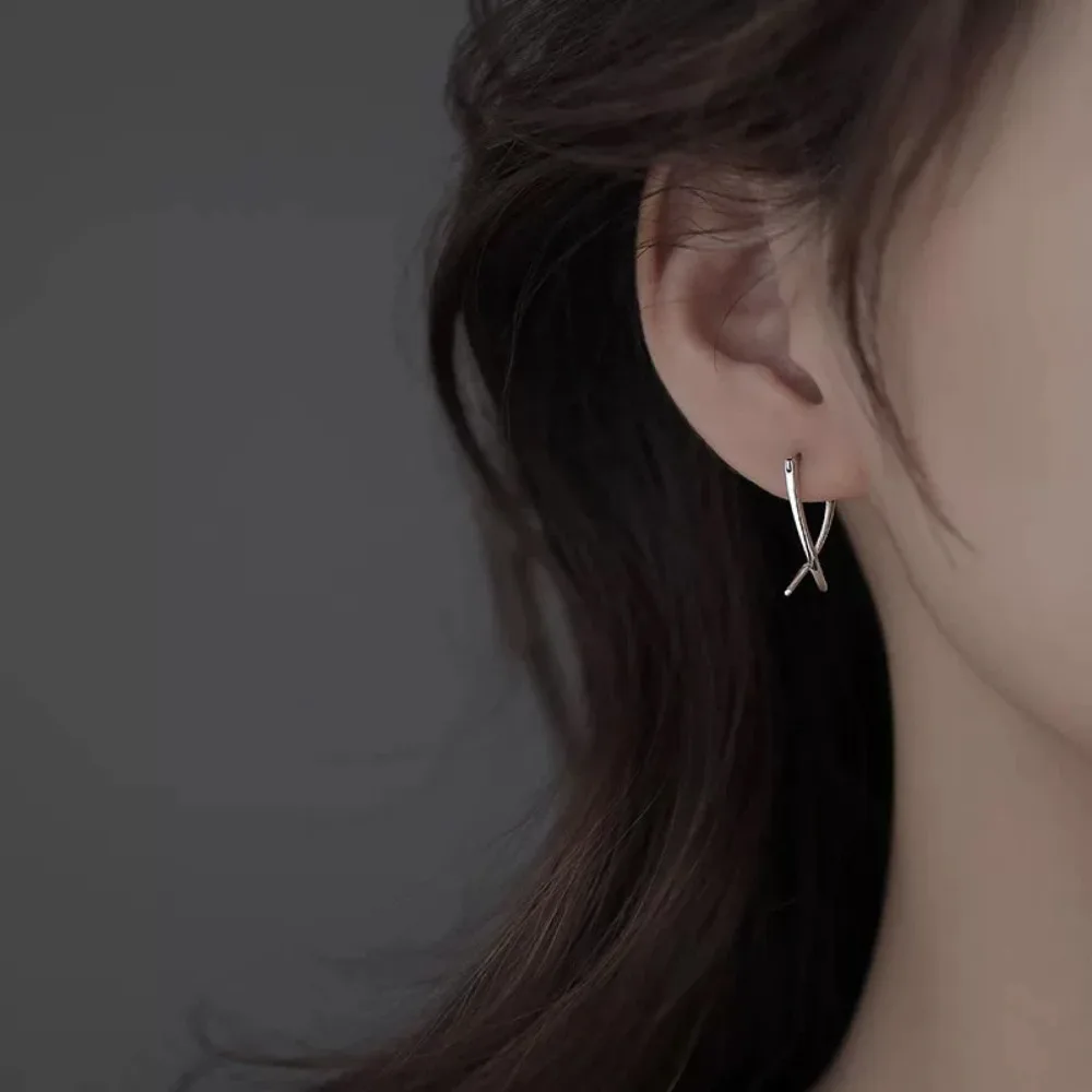 Minimalist 925 Sterling Silver Silver Color Line Intersection X-shaped Hoop Earrings for Women Fashion Stud Earrings Jewelry