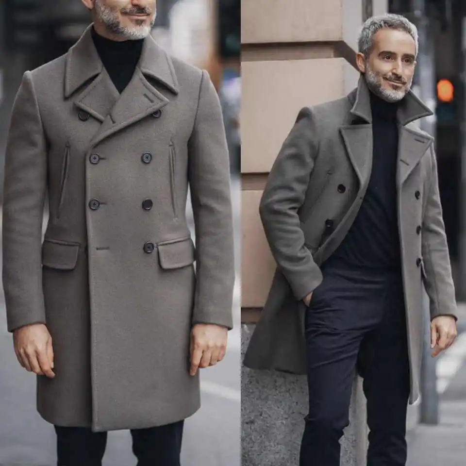 

Autumn Winter Men Mid Length Coat Double Breasted Wool Blend Jacket Tuxedos Warm Thick Outwear Customized One Piece