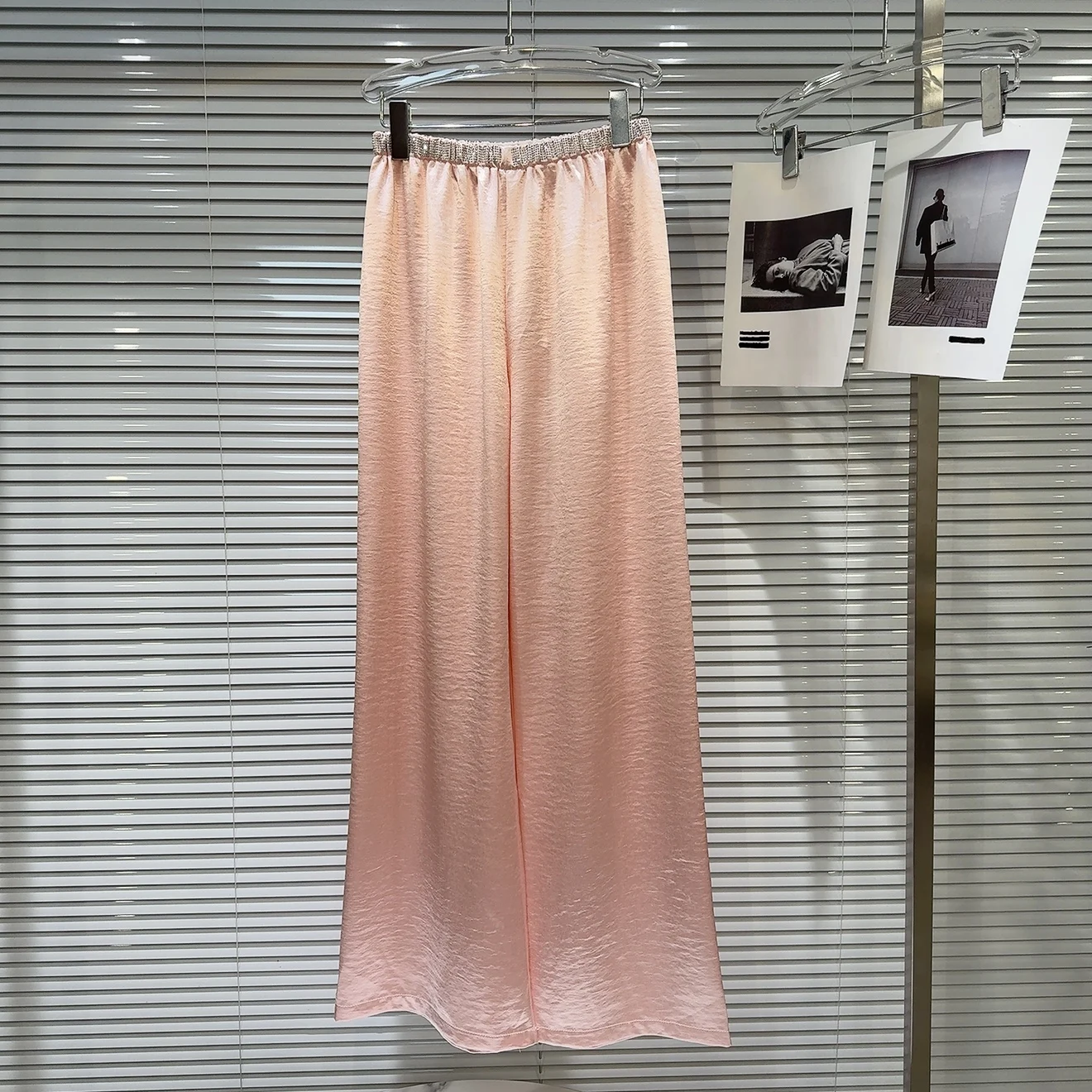 Summer 2025 Trendy Water Diamond Embellied Elastic Waist Lightweight Silk Wide Leg Casual Pants Ele Lady Sle