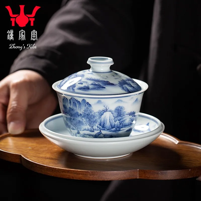 Zhongjia Kiln Handmade Tureen Blue and White Porcelain Jingdezhen Ceramic Tea Set Wood Kiln Blue and White Hand Drawn Landscape