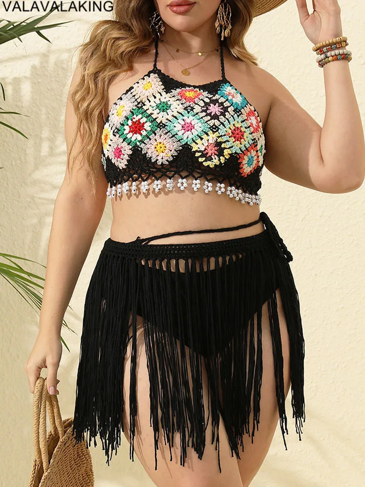 2025 Women Halter Plus Size Bikini Cove Up Set Large Big Tunic Lady Chubby Beach Dress Suit Brazilian Hollow Swimsuit Cover-Ups