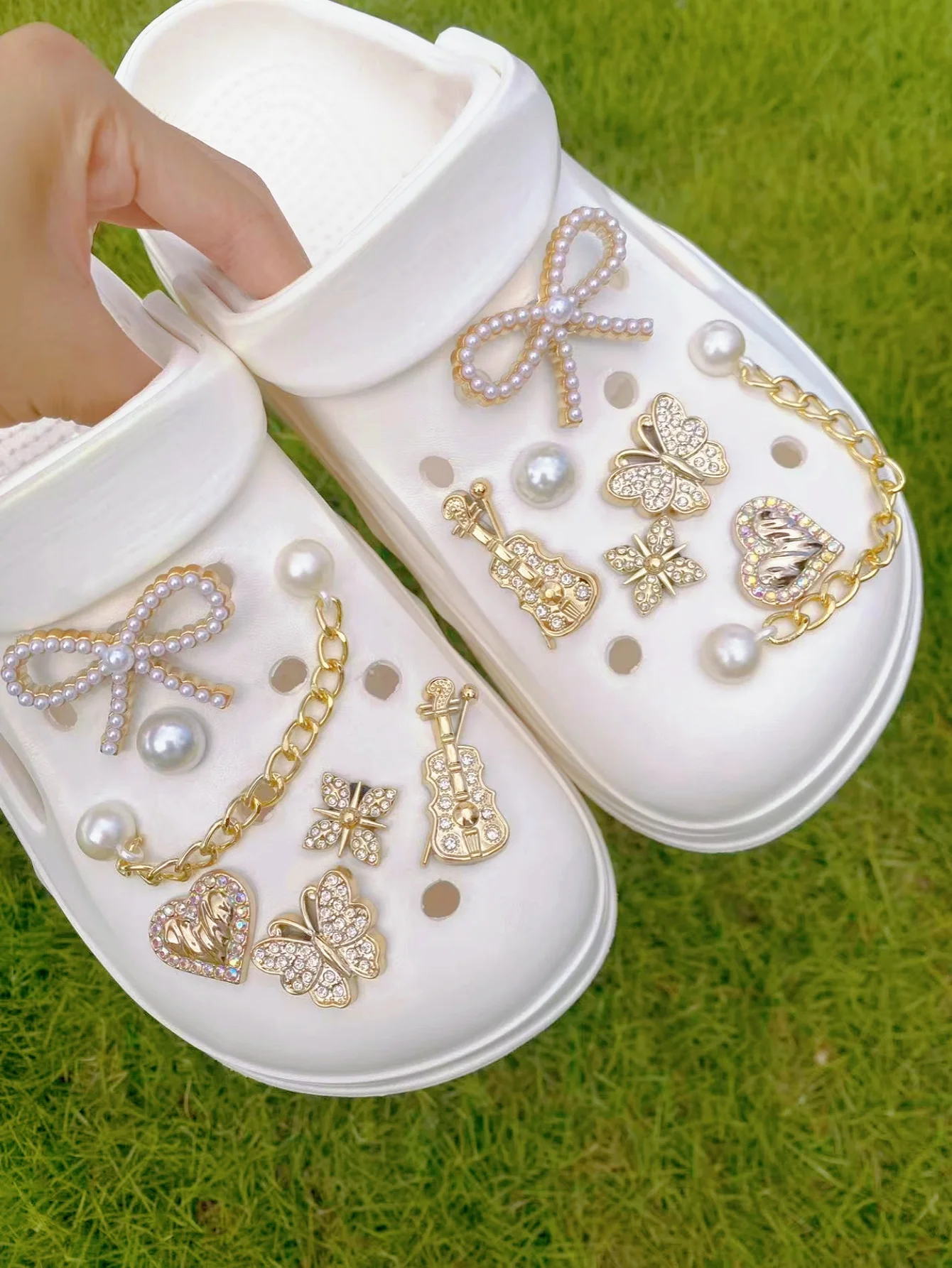 골든 ABS 비드 체인 14개, 활, 바이올린, 하트, 나비, 비즈 및 기타 ABS 수지 신발 버클, DIY 장식