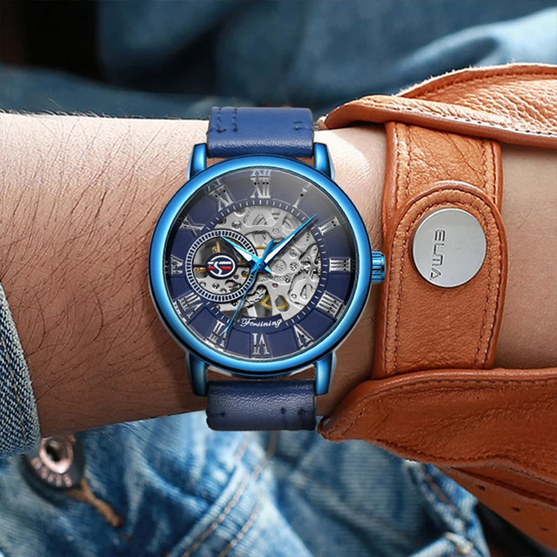 Luxury Brands FORSINING Steel Skeleton Manual Mechanical Watches for Men Fashion Luminous Thin Leather Blue Male Wrist Watches