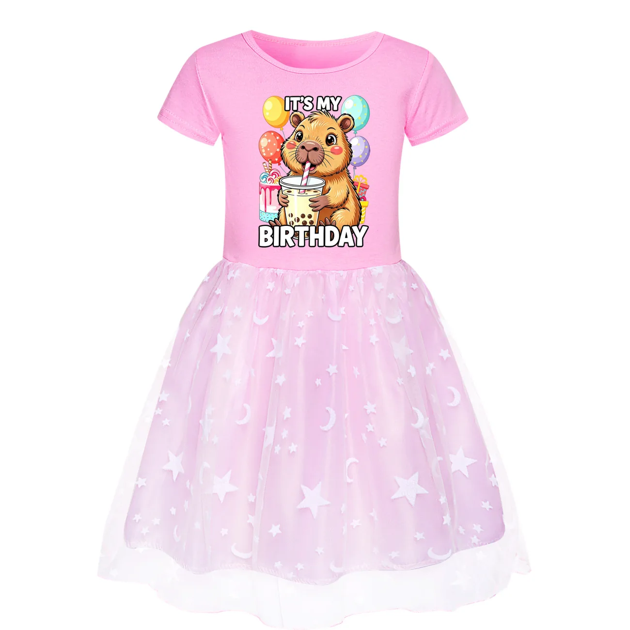 Funny Capybara Dress Girls Short Sleeve Casual Dresses Children Fancy Lace A-line Princess Vestidos for Wedding Birthday Gifts