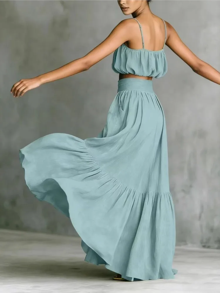 

Fashion Solid Color Sleeveless Camisole Maxi Skirt Two-piece Set 2026 Summer New Camisole Top Women's Vacation Skirt Set 2-piece
