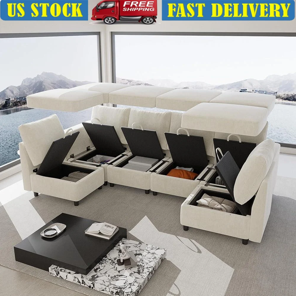 Oversized Modular Sectional Sofa with Storage USB Chargers Comfortable 6 Seat Chenille Couch Living Room Modern Design