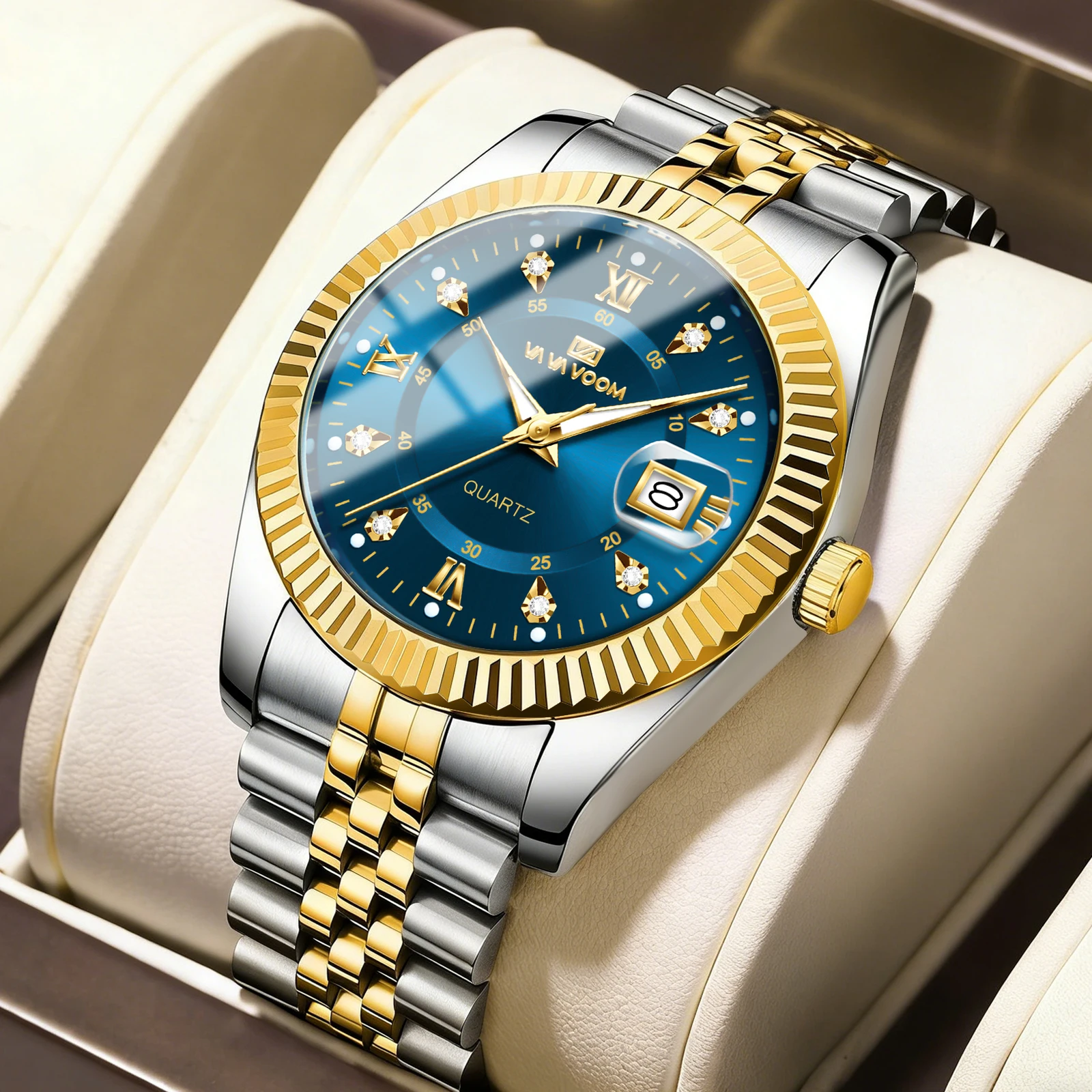 VA VA VOOM Brand Men Luxury Watch Quartz Gold Bezel 40mm Case Blue Dial Business Diamond Clock TwoTone Stainless Steel Watch Men