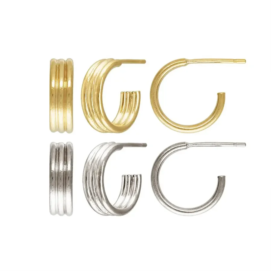 

Genuine 3 Row 3 / 4 Hoop Post Earring 14K Gold Filled Women Jewelry S925 Silver Earings Studs