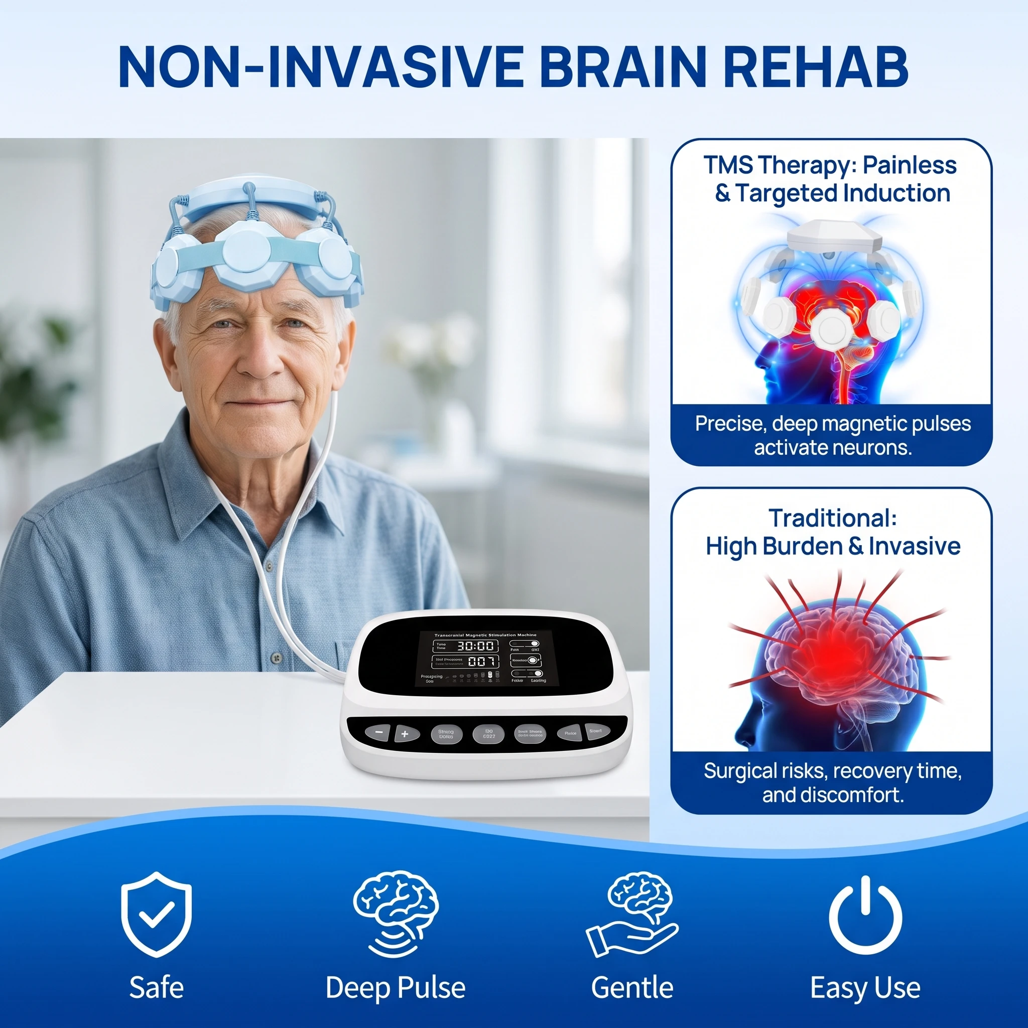 Portable transcranial magnetic therapy machine repetitive rTMS brain stimulator for sleep disorder anxiety depression