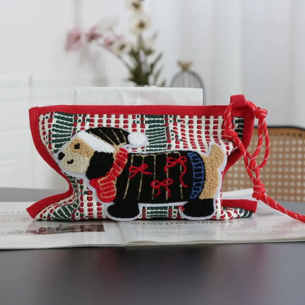 

High-End Cotton Thread Dachshund Tissue Box Rustic Style Hanging Woven Tissue Bag Decorative Cute Paper Tissue Case Christmas