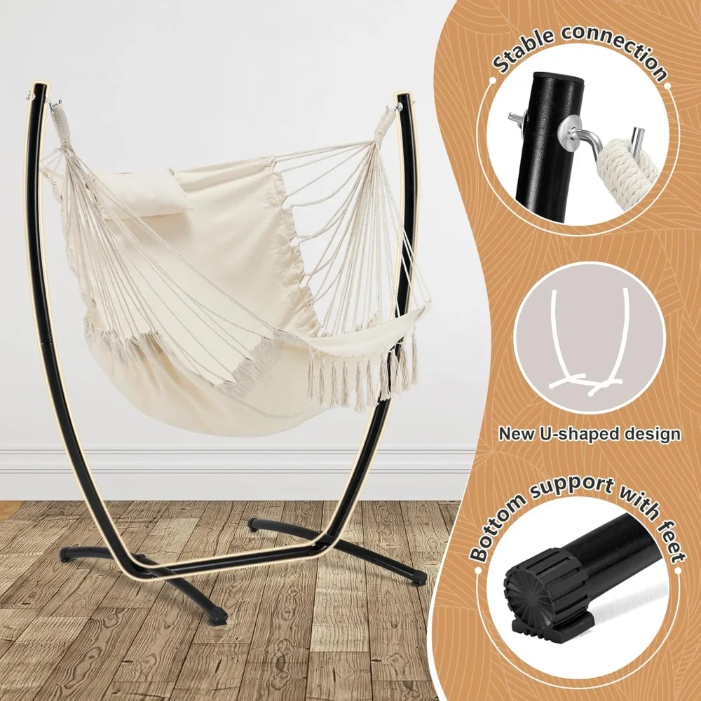 Hammock Chair with Stand,Hanging Chair Flow Bohemian Hand Indoor Outdoor,with Headrest and Side Pockets,Maximum Load Capacity330