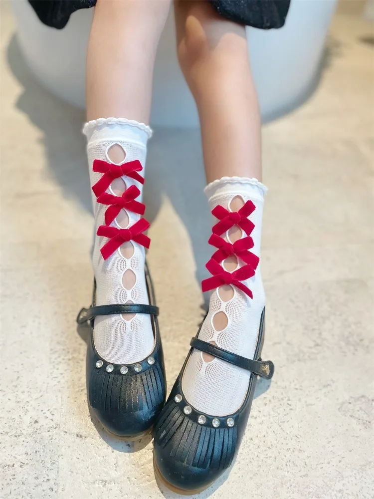 Christmas Sweet Red Bow Stockings Cute Socks for Holiday Parties Lolita Fishnet Mesh Ins Parent-child Hosiery