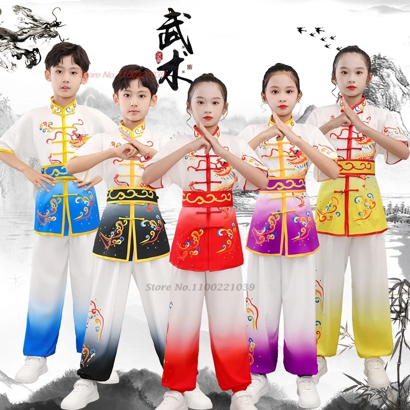 2025 chinese vintage wushu kung fu set children dragon print wushu kung fu clothing oriental martial arts training exercise suit