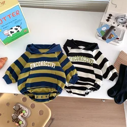 Ins Korean-style Baby Clothes Autumn and Winter Hooded Striped Alphabet Jumpsuit for Boys and Girls Baby Color-matching Western-