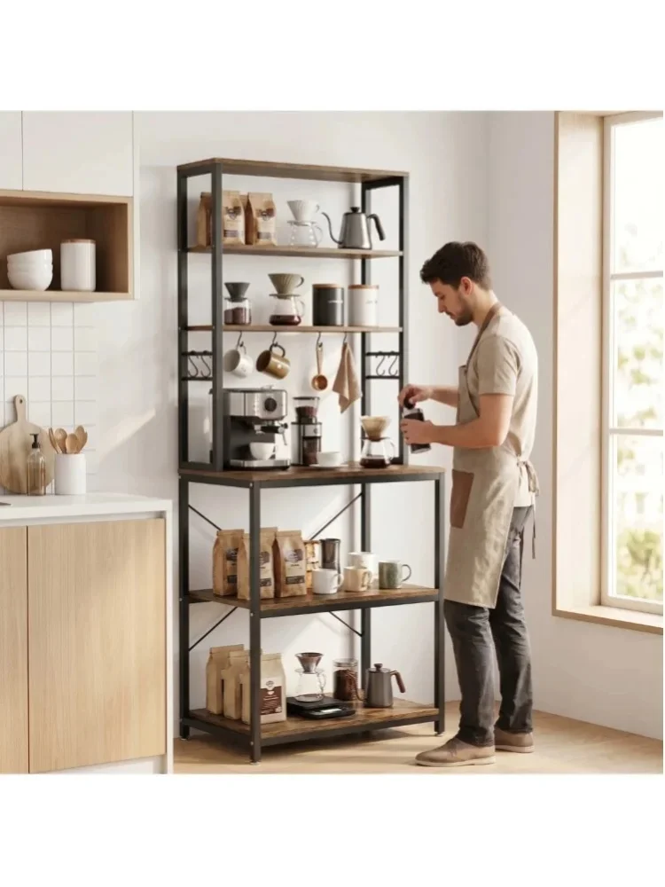 5-stöckiges Industrielles Küchenregal, Kaffeebar-Station mit Haken & Ablagefächern, Freistehender Organizer für Mikrowelle, Kaffeemaschine & Küchenutensilien