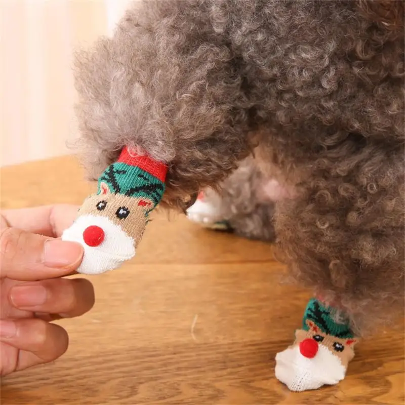 4pcs Christmas Winter Pet Dog Socks Small Cat Knit Warm Socks Dog Anti-Slip Socks Chihuahua Thick Pet Paw Protector Booties