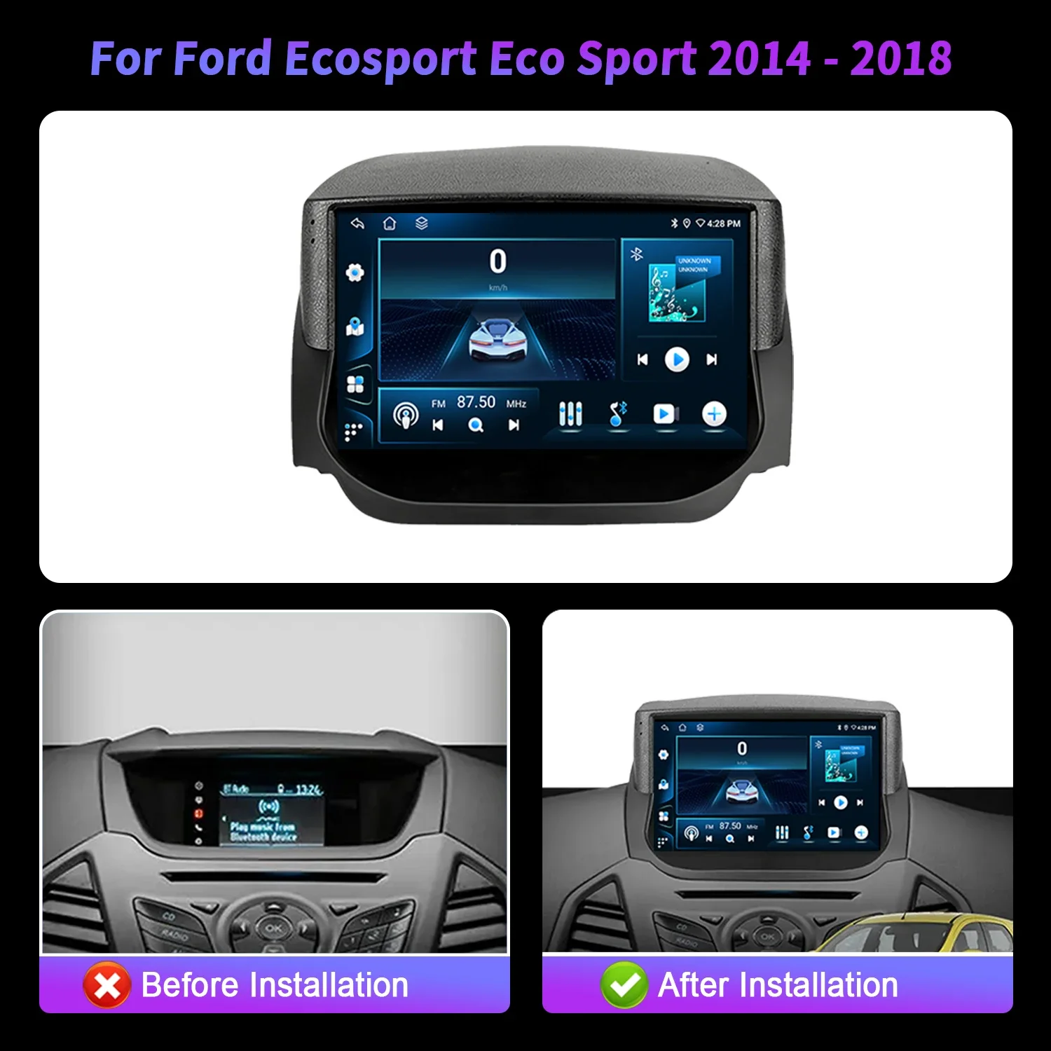 Pour Ford Ecosport Eco Sport 2014-2018 autoradio sans fil Carplay Android 14 lecteur Navigation GPS Auto Radio tête 2K QLED écran