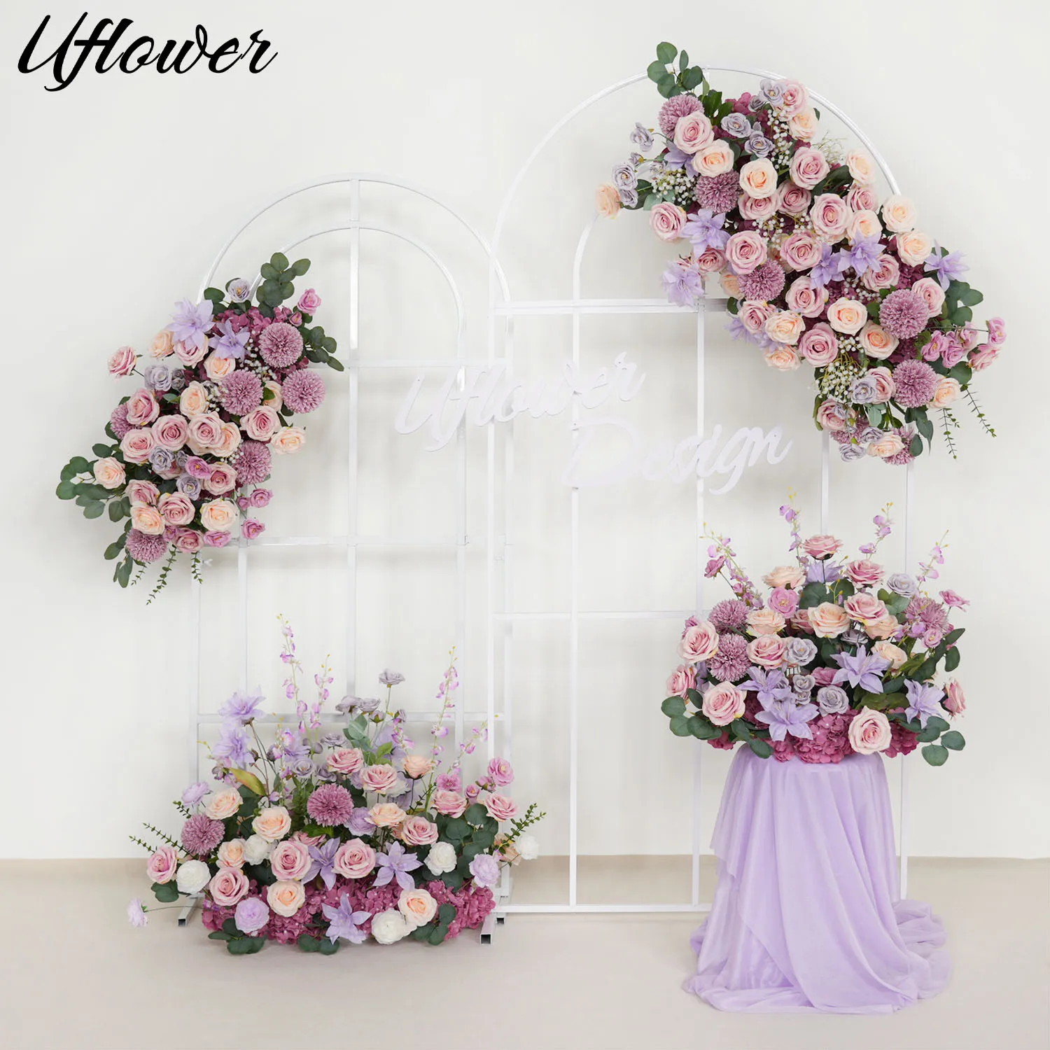 

Uflower Purple Artificial Flowers Hanging Flower Row Outdor Wedding Decoration Road Leading Floor Flower Ball Floral Backdrop