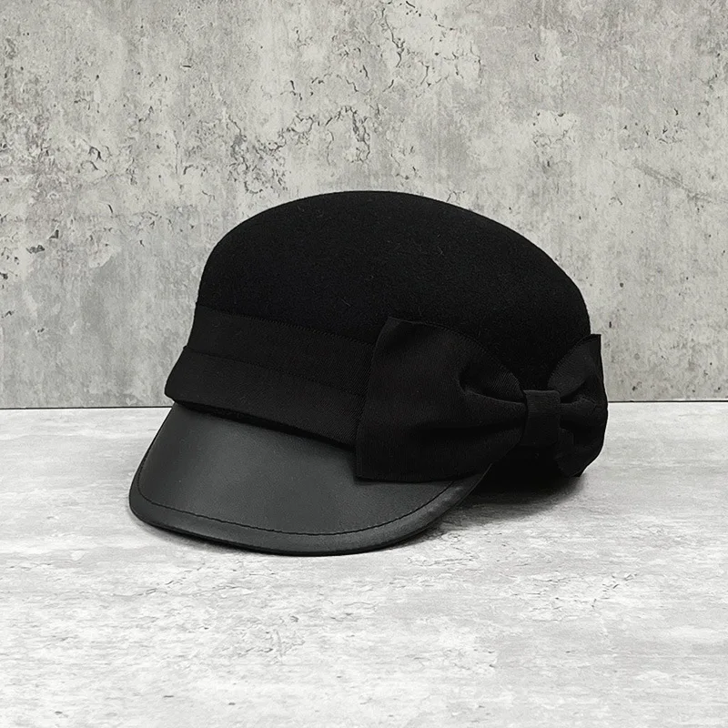 Delicate and elegant little fragrant wind bow wool equestrian hat women\'s British vintage leather bowler hat fashion all-match