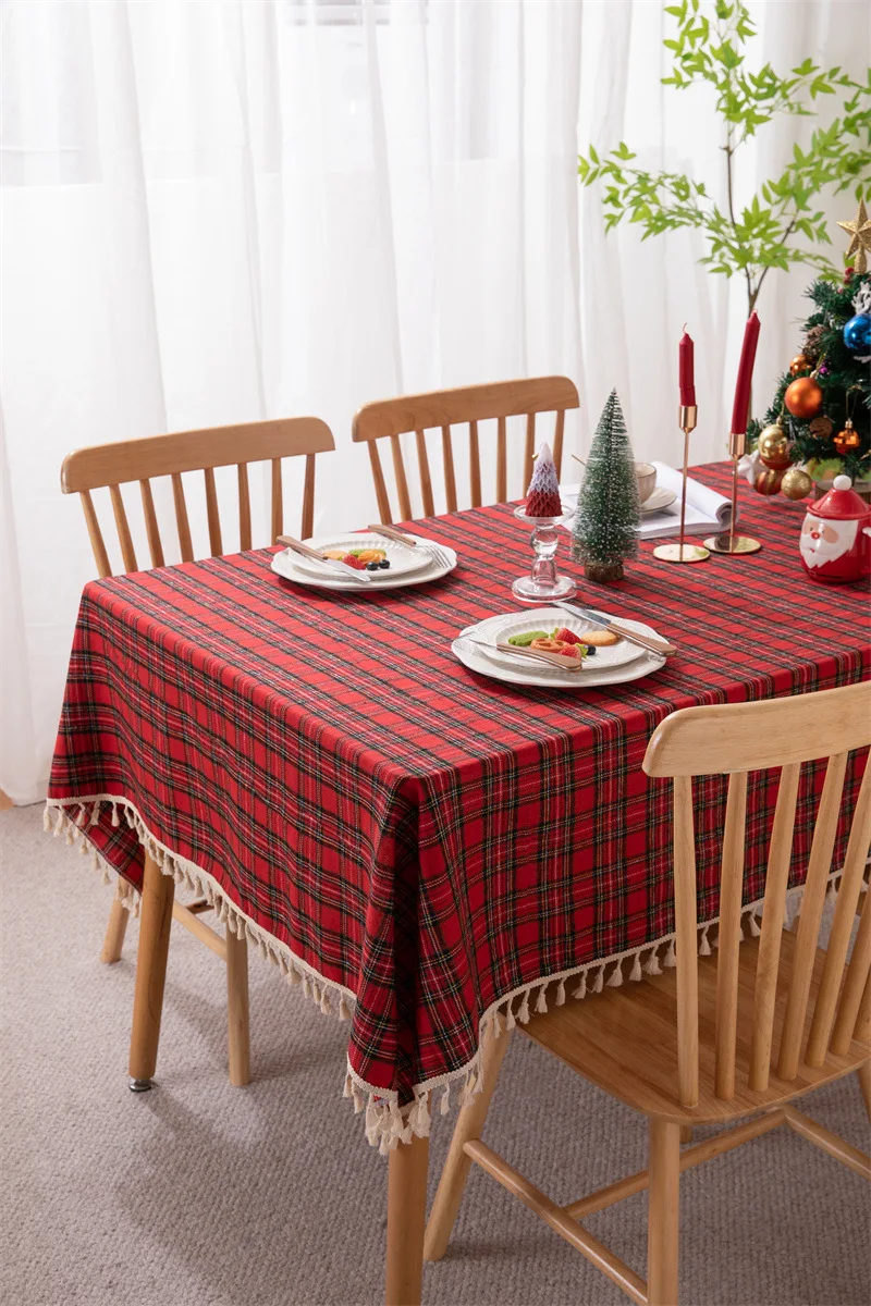 Weihnachtsdekoration, runde Tischdecke, karierte Tischdecke für Neujahr, Familientreffen, Restaurant, Party, Abendessen, Heimdekoration – Detail 18