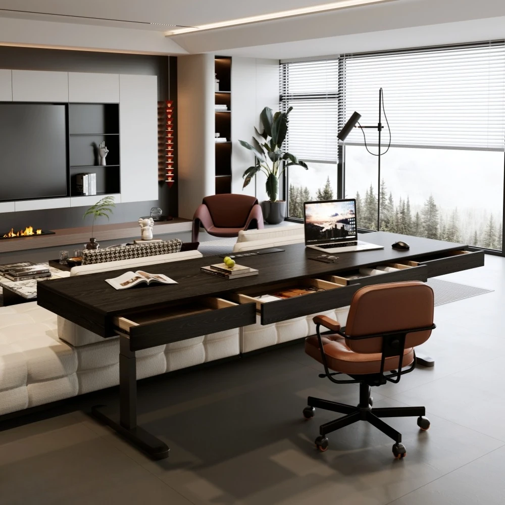 Simple black solid wood double des k with drawers horizontal hall large board tab le household computer ta ble