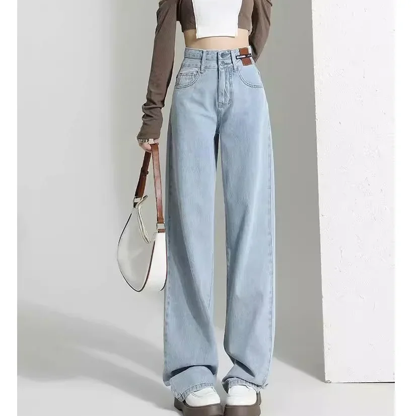 Celana Denim Kasual Solid Pinggang Tinggi Jeans Longgar Antik Celana Panjang Fashion Wanita Jeans Lurus Jeans Kaki Lebar Panjang Lantai Wanita
