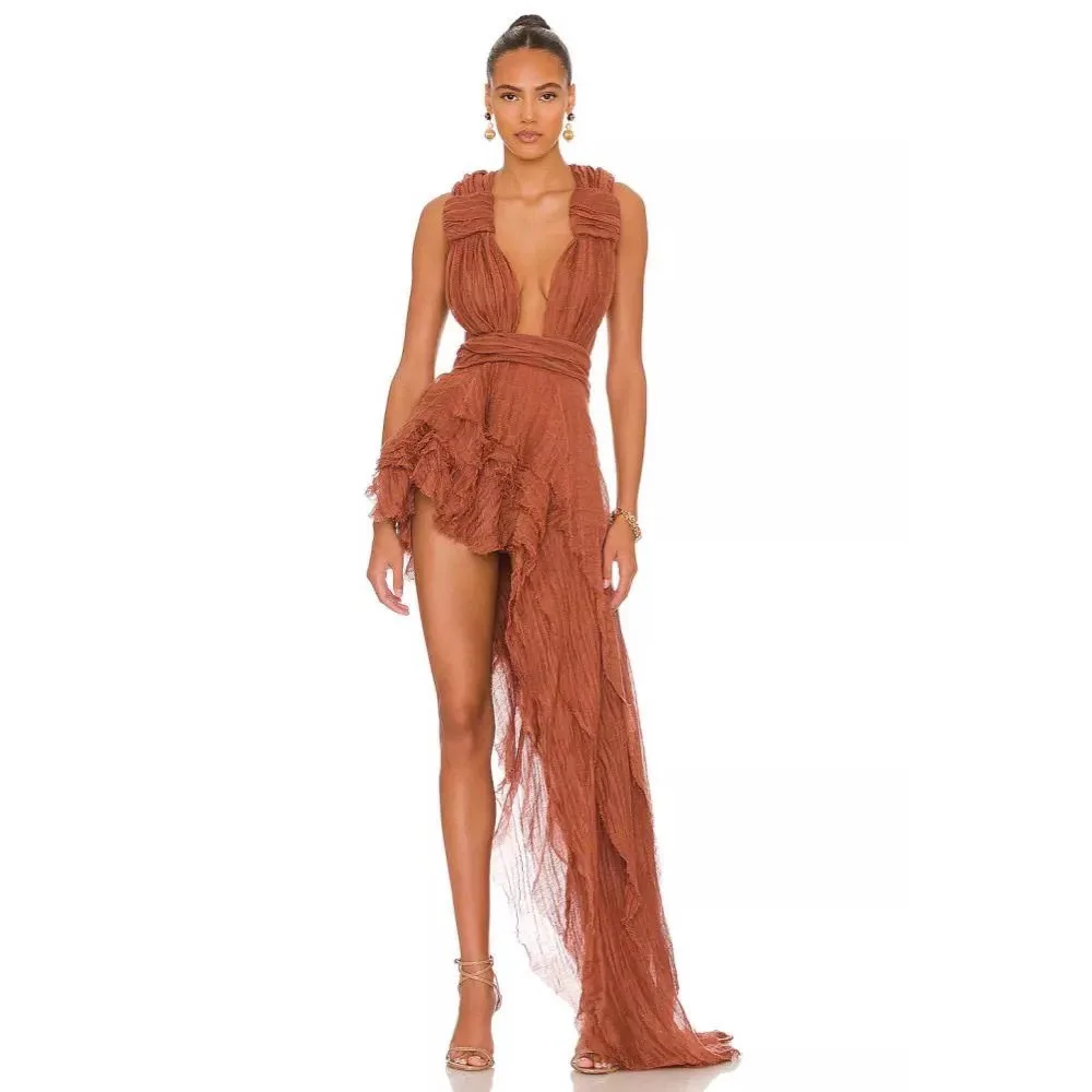 

Prom Dress Caramel Color Club Wear Tulle Layered Party Dress Deep V Neckline Asymmetrical Long Prom Gowns Pleated Robe De Bal