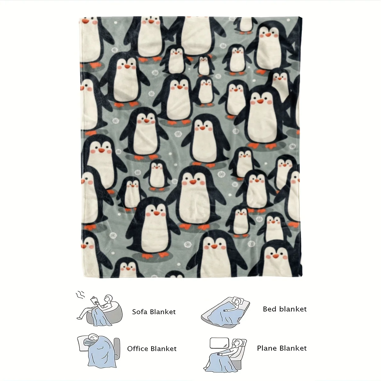 Koc z pingwinem - Miękki flanelowy pled na każdą porę roku / narzuta na łóżko / narzuta na kanapę - Uroczy wzór pingwina w kolorach szary / pomarańczowy / biały / czarny / -