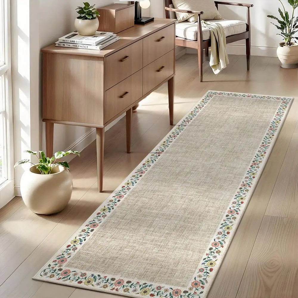 

Floral Border Rug Low Pile, Soft NonSlip Foldable Indoor Decorative Rug Washable Area Rug For Dining Room Bedroom Office Laundr