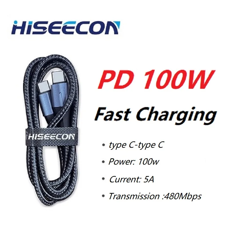 HISEECON 100W USB C to C Fast Charging Cable , Nylon Braided PD Quick Charge Cord for MacBook iPad iPhone 15 Samsung Switch