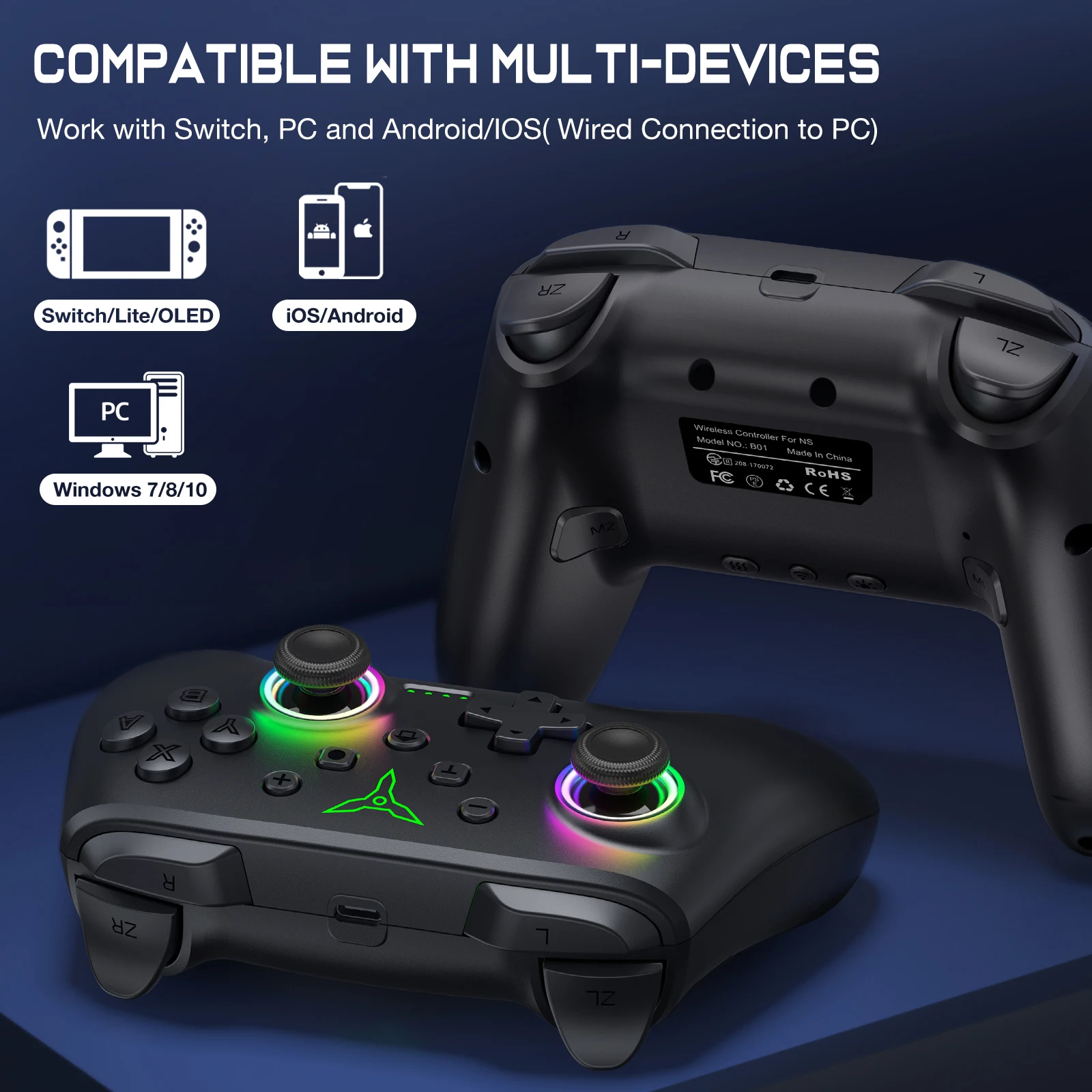 Dinofire Wireless Bluetooth RGB Controller for Nintendo Switch/Switch OLED/Switch Lite/PC/Mobile Gamepad Multi-Function Joystick